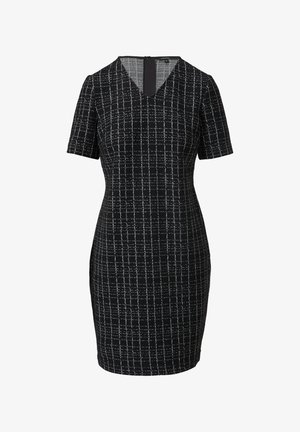 Czarna sukienka z krótkim rękawem i dekoltem w kształcie litery V, z teksturowanym wzorem siatki w bieli i srebrze. Zamek błyskawiczny z tyłu. Dopasowany krój.