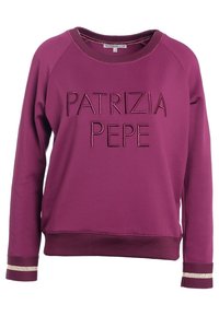 Fialová mikina s vyšitým textem "PATRIZIA PEPE". Disponuje žebrovanými manžetami a lemem se zlatým akcentem. Raglánové rukávy. Směs bavlny.