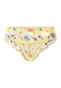 Culotte jaune transparente avec broderies florales en bleu et rose, dotée d'une finition en dentelle et d'un petit nœud rose au centre devant.