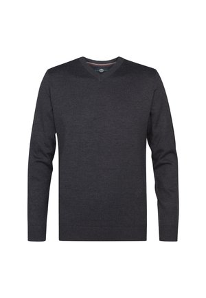 V-neck sweater in dark gray. Made of a soft knit fabric, featuring long sleeves and ribbed cuffs and hem. Simple, smooth texture.