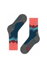 Calze grigie con motivi di montagne colorate nelle tonalità di corallo, turchese e blu scuro. Presentano design contrastanti per il tallone e la punta.