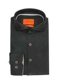 Donkergroene, lange mouw, knoopsluiting overhemd met een hennepstructuur, bruine knopen, contrasterende manchetten, en een oranje label.