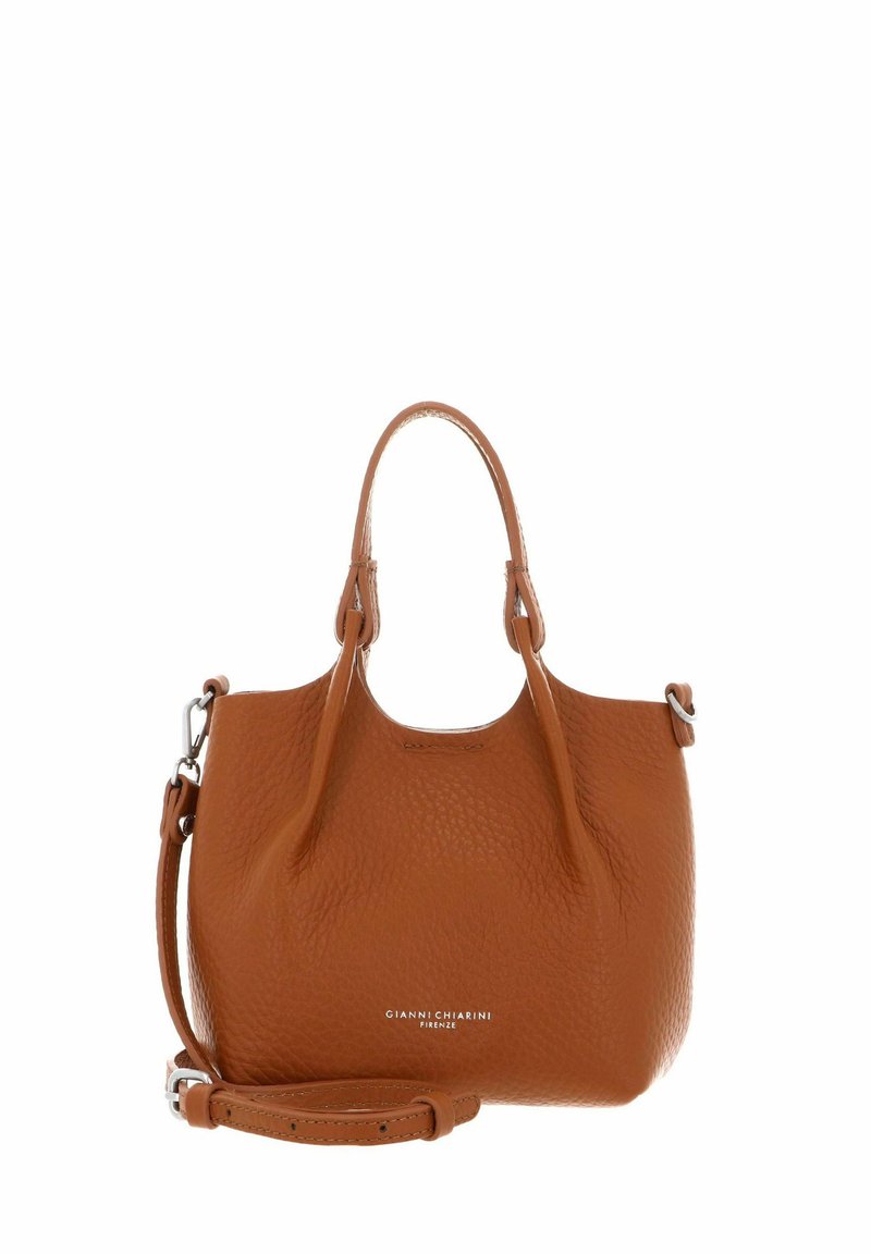 Borsa a tracolla in pelle marrone con superficie testurizzata, dotata di manici corti e di una tracolla removibile. Nome del marchio stampato sul fronte.