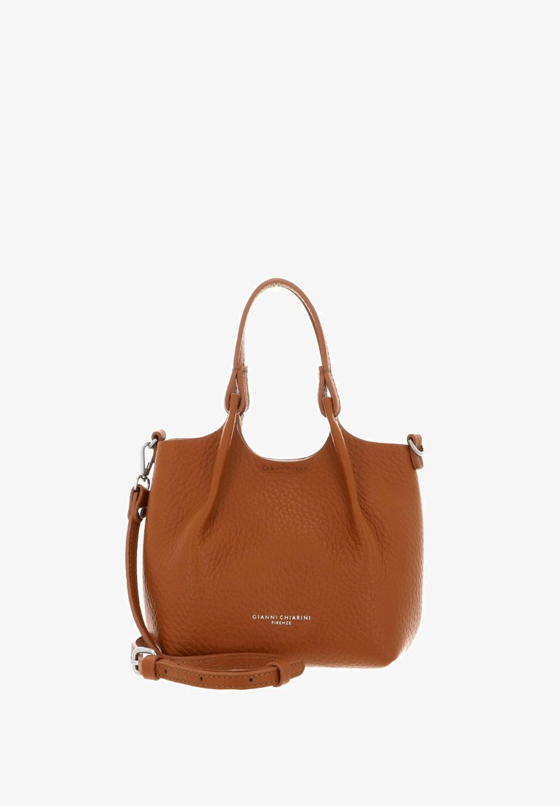 Borsa a tracolla in pelle marrone con superficie testurizzata, dotata di manici corti e di una tracolla removibile. Nome del marchio stampato sul fronte.