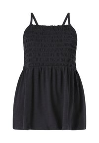 Zwarte mouwloze top met een gesmockte ondertop en een vloeiende, gathered onderzijde. Verstelbare spaghettibandjes en een zachte stofstructuur.