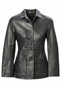 Zwarte leren jas met een kraag, knoopsluiting aan de voorkant, twee grote zakken en een gladde textuur. Minimalistisch ontwerp en een getailleerde pasvorm.