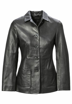 Schwarze Lederjacke mit einem kragenförmigen Ausschnitt, vorderer Knopfverschluss, zwei großen Taschen und glatter Textur. Minimalistisches Design und taillierte Passform.
