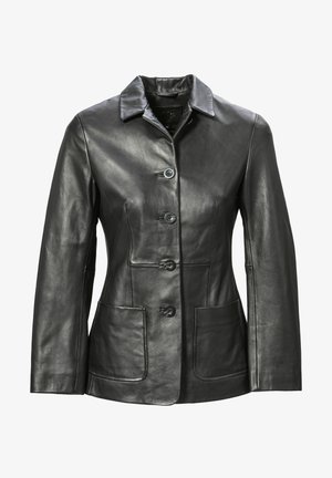 Schwarze Lederjacke mit einem kragenförmigen Ausschnitt, vorderer Knopfverschluss, zwei großen Taschen und glatter Textur. Minimalistisches Design und taillierte Passform.