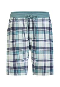 Kostkované kraťasy s páskem na stažení ve světle modré barvě, převážně bílý, modrý a zelený kostkovaný vzor, s hladkým textilním povrchem.