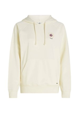 Kremasto bela bunda iz mehke tkanine, z žepom spredaj, kapuco z zategovalnim trakom in majhnim sončnim spiralnim logotipom na prsih.