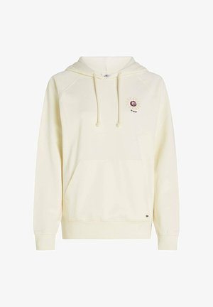 Krém színű kapucnis pulóver puha anyagból, elülső zsebbel, húzózsinóros kapucnival és kis nap spirál logóval a mellrészen.