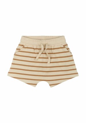 Beige shorts med horisontella bruna ränder, texturerat bomullsmaterial, elastisk midja med dragsko och sidofickor.