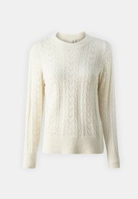 Cable-knit sweater in off-white with a round neckline. Features textured patterns and ribbed cuffs and hem. Soft knit fabric.