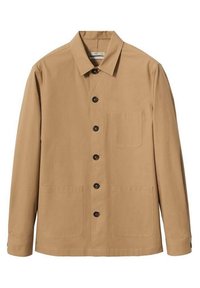 Veste beige en tissu lisse, dotée d'un col pointu, de boutons sur le devant, de deux grandes poches et d'une seule poche poitrine.