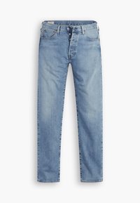 Jean en denim bleu clair avec braguette boutonnée, poches avant et passants pour ceinture, posé à plat sur un fond blanc.