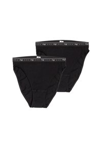 Due mutande nere da donna con elastico in vita, contrassegnate dal marchio "sloggi" e con piccoli motivi a stella su sfondo bianco.