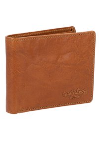 Brown leather wallet featuring a textured finish, stitched edges, and embossed branding on the front. Folded design with a compact shape.