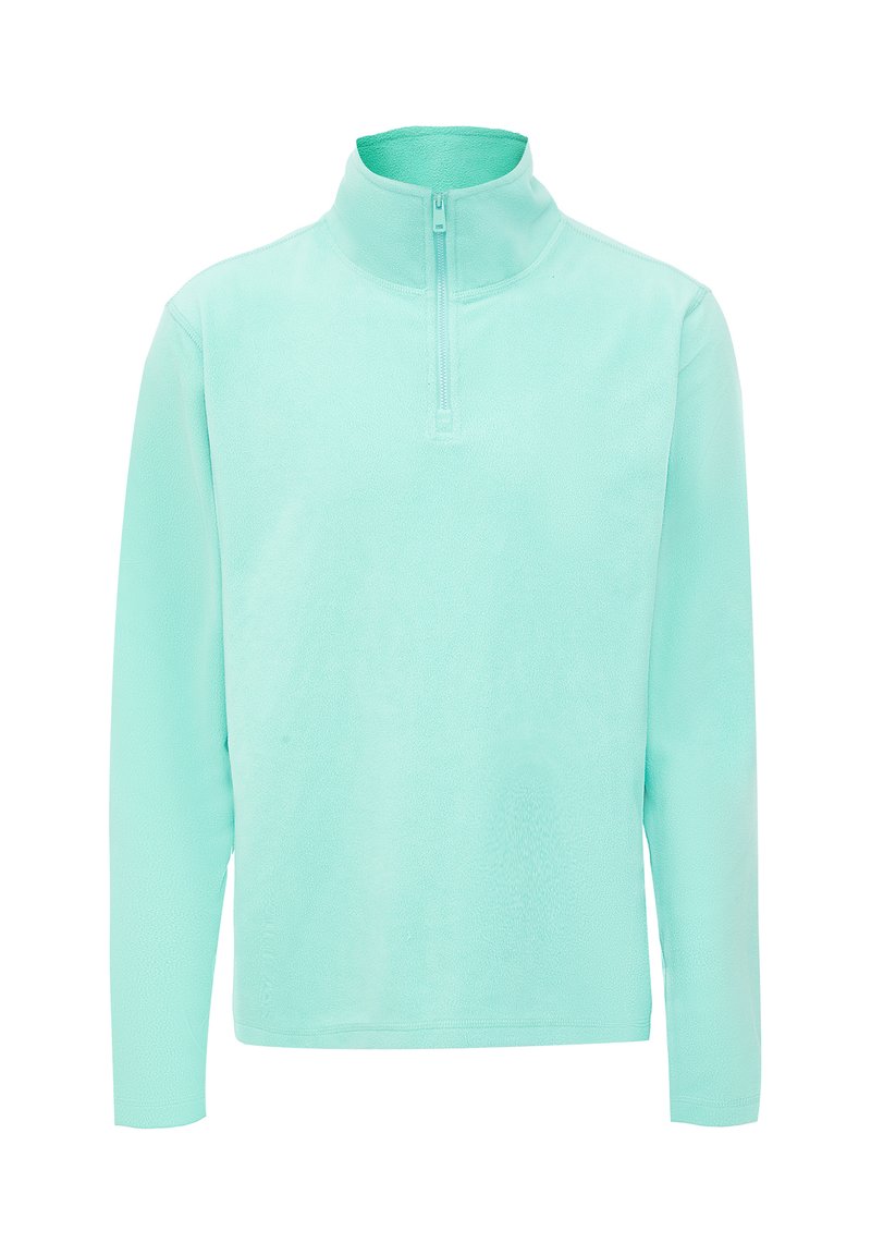 Pullover in pile leggero color verde menta, con zip parziale, maniche lunghe e una texture morbida. Design semplice, senza motivi o hardware visibile.