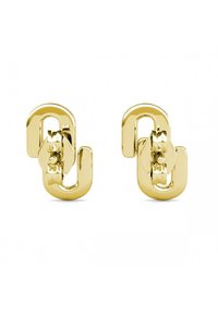 Gouden metalen oorbellen met een abstract, in elkaar verstrengeld ontwerp, afgewerkt met een gepolijste afwerking en gladde oppervlakken.