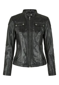Schwarze Lederjacke mit Reißverschluss, Stehkragen, zwei Fronttaschen mit Klappen, seitlichen Reißverschlusstaschen und strukturierten Oberflächen.
