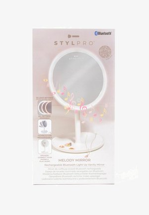 Ronde make-upspiegel met een witte flexibele standaard. Voorzien van Bluetooth-verbinding, aanraakverstelbare verlichting en een glanzend oppervlak.