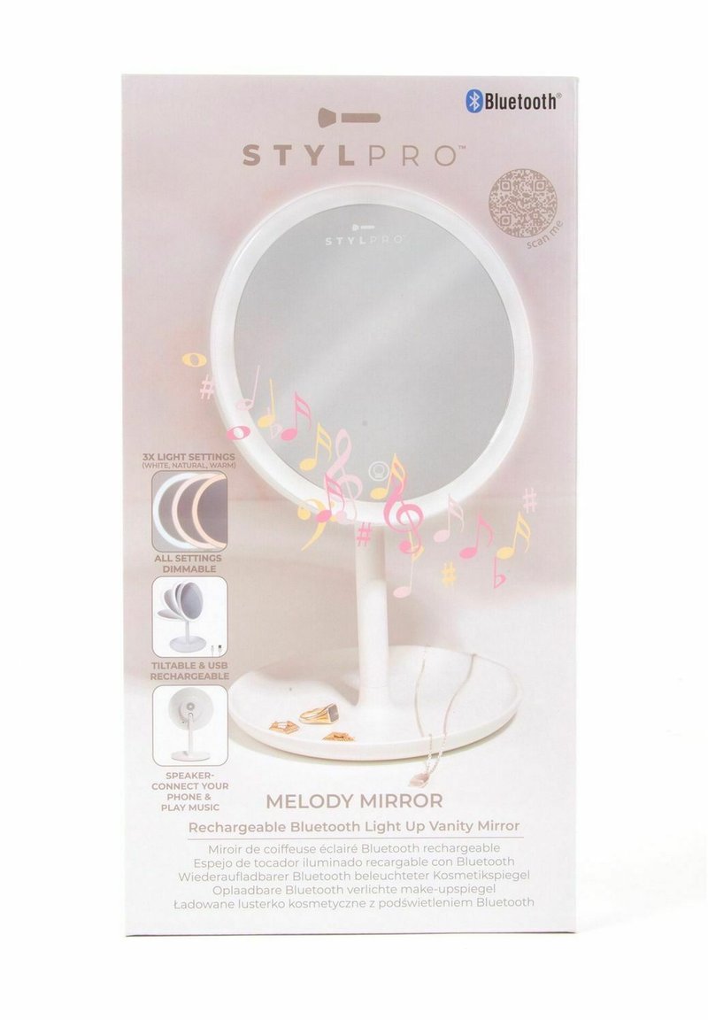 Miroir de maquillage circulaire avec un support flexible blanc. Dispose de la connectivité Bluetooth, d'un éclairage ajustable par touche et d'une surface brillante.