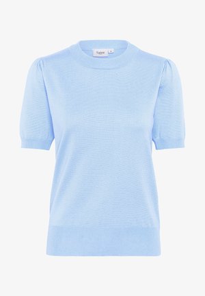 Világoskék, rövid ujjú pulóver, kerek nyakkivágással. Puffos ujjak és bordázott textúra jellemzi, egyenes aljjal. Puha anyagból készült.