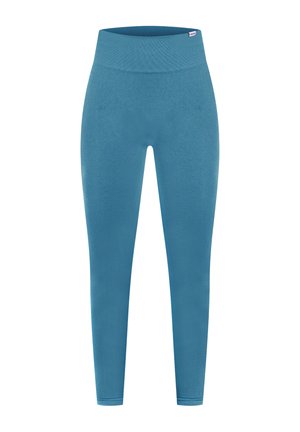 Leggings azules con una cinturilla alta y ancha. Fabricados con un tejido suave y elástico, presentan un color sólido y un diseño ceñido y elegante.