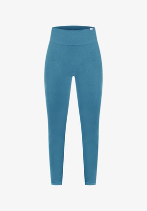 Blå leggings med en høj, bred talje. Lavet af et glat, strækbart stof, der har en ensfarvet og tætsiddende design.