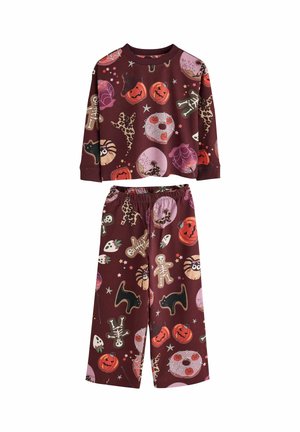 Maglia a maniche lunghe e pantaloni bordeaux per bambini con motivi di Halloween, tra cui zucche, scheletri, gatti neri, ragnatele e ciambelle.