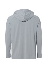 Felpa con cappuccio a maniche lunghe di colore grigio chiaro, con una texture morbida, cappuccio regolabile con cordino e maniche raglan. Presenta cuciture a punto e polsini aderenti.