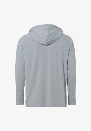 Felpa con cappuccio a maniche lunghe di colore grigio chiaro, con una texture morbida, cappuccio regolabile con cordino e maniche raglan. Presenta cuciture a punto e polsini aderenti.