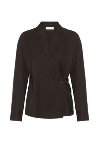 Blouse noire à manches longues portefeuille avec col, fermeture par un bouton sur le côté, et manches avec poignets.
