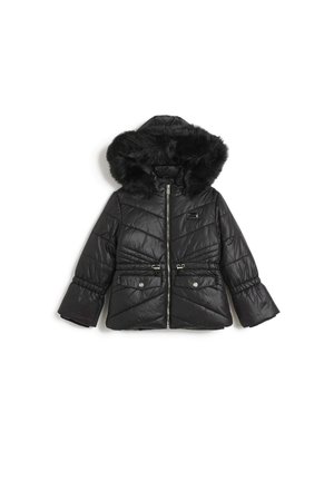 Chaqueta de invierno acolchada negra con cremallera frontal, cintura ceñida, dos bolsillos delanteros con solapa y capucha con ribete de piel sintética negra.
