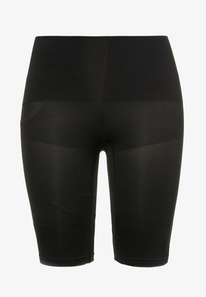 Černé cyklistické šortky z elastického materiálu, s vysokým pasem, hladkým povrchem a kontrastními švy na otvorech nohavic.