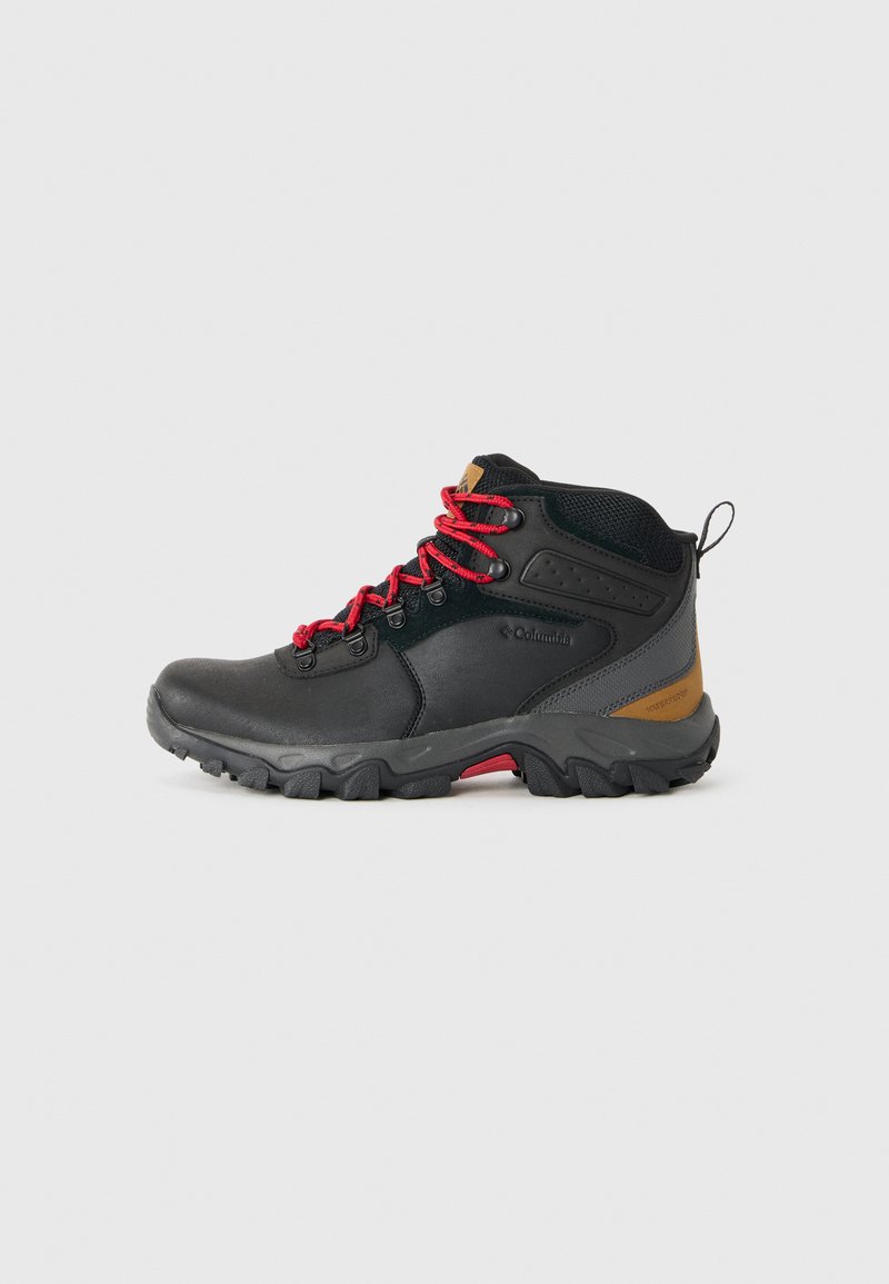 Black mid-cut hiking boot with red laces, rubber sole, leather and mesh upper, and tan accent. Features hooks for laces and a heel pull tab.