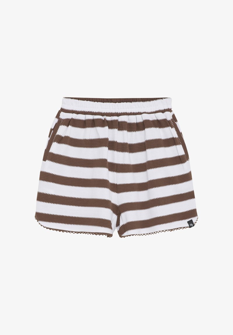 Brązowe i białe spodenki w paski z elastycznym pasem, wykonane z teksturowanej tkaniny, z falbaniastymi brzegami i bocznymi kieszeniami.