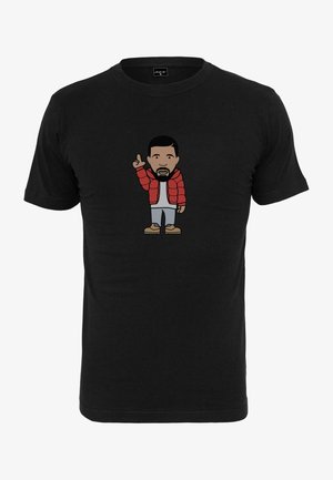 Black cotton t-shirt featuring a cartoon character wearing a red puffer jacket and beige shoes, with a hand raised in a playful gesture.