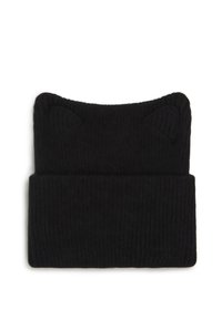 Bonnet tricoté noir avec une texture côtelée et un revers replié, présentant deux formes d'oreilles de chat en haut. Pas de marquage ou de motifs visibles.