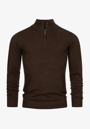 Brown zip-up sweater with a high collar, long sleeves, ribbed cuffs and hem, made from a soft, textured fabric. Zipper detail at the neck.
