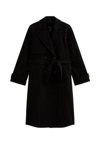 Abrigo trench negro con cierre cruzado, solapas anchas y cinturón en la cintura. Presenta puños enrollados y una textura suave.