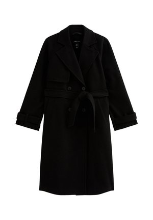 Zwarte trenchcoat met dubbele rij knopen, brede revers en een ceintuur in de taille. Heeft opgerolde manchetten en een gladde textuur.