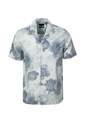 Camisa de manga corta con botones, con patrón floral en azul claro y gris sobre fondo blanco y cuello abierto.
