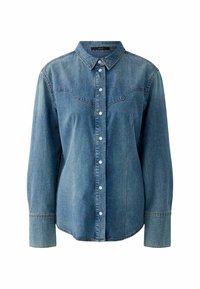 Denim overhemd in medium blauw met een knoopsluiting, lange mouwen, western-stijl yoke naden en witte knoopaccenten.