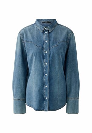 Denimhemd in Mittelblau mit einem Button-Down-Design, langen Ärmeln, einem Western-Stil Yoke-Nähten und weißen Knopfakzenten.