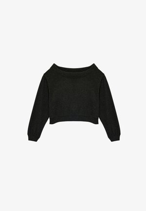 Maglione corto grigio scuro con maniche lunghe, scollatura ampia e polsini e orlo a coste. Il tessuto sembra morbido e testurizzato.