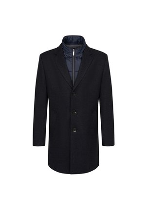 Schwarzer Wollmischungs-Mantel mit taillierter Form, featuring einer mit Reißverschluss versehenen navy-blauen Innenschicht, Schalllapels und einer Drei-Knopf-Verschluss.