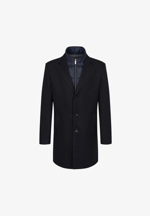 Schwarzer Wollmischungs-Mantel mit taillierter Form, featuring einer mit Reißverschluss versehenen navy-blauen Innenschicht, Schalllapels und einer Drei-Knopf-Verschluss.