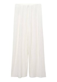 Pantalons larges plissés blancs avec une taille élastique, mettant en valeur des rayures verticales et une texture légère et fluide.
