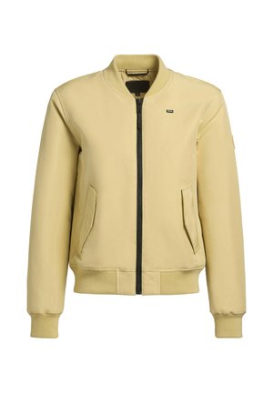 Světle žlutá bomber bunda se zipem vpředu, žebrovanými manžetami a lemem a bočními kapsami. Má malé logo na hrudi a hladkou texturu látky.